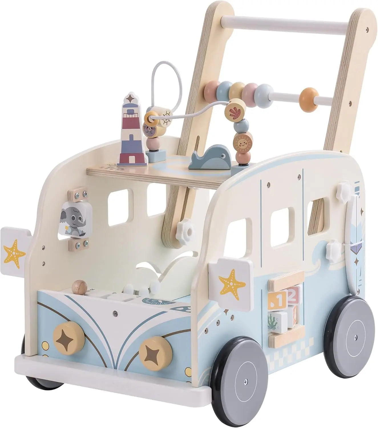 Wooden toy bus with various educational elements on a white background