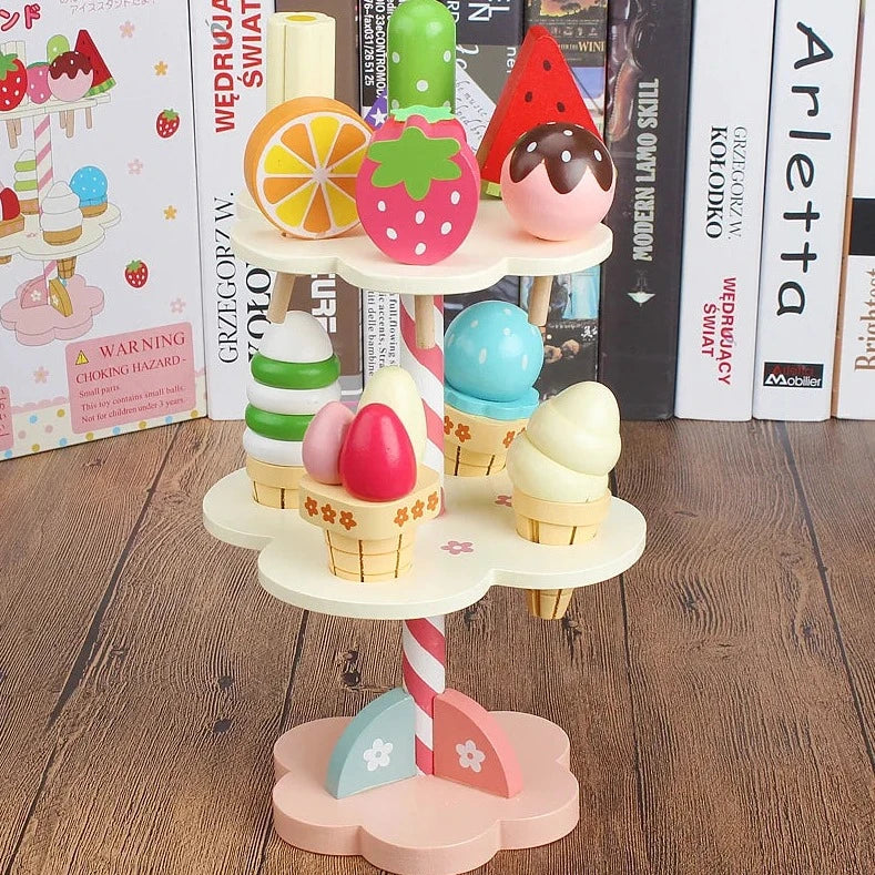 Strawberry Three-Layer Ice Cream Tree, a wooden toy stand featuring stackable ice cream scoops, ideal for imaginative play and creativity in children's kitchens.