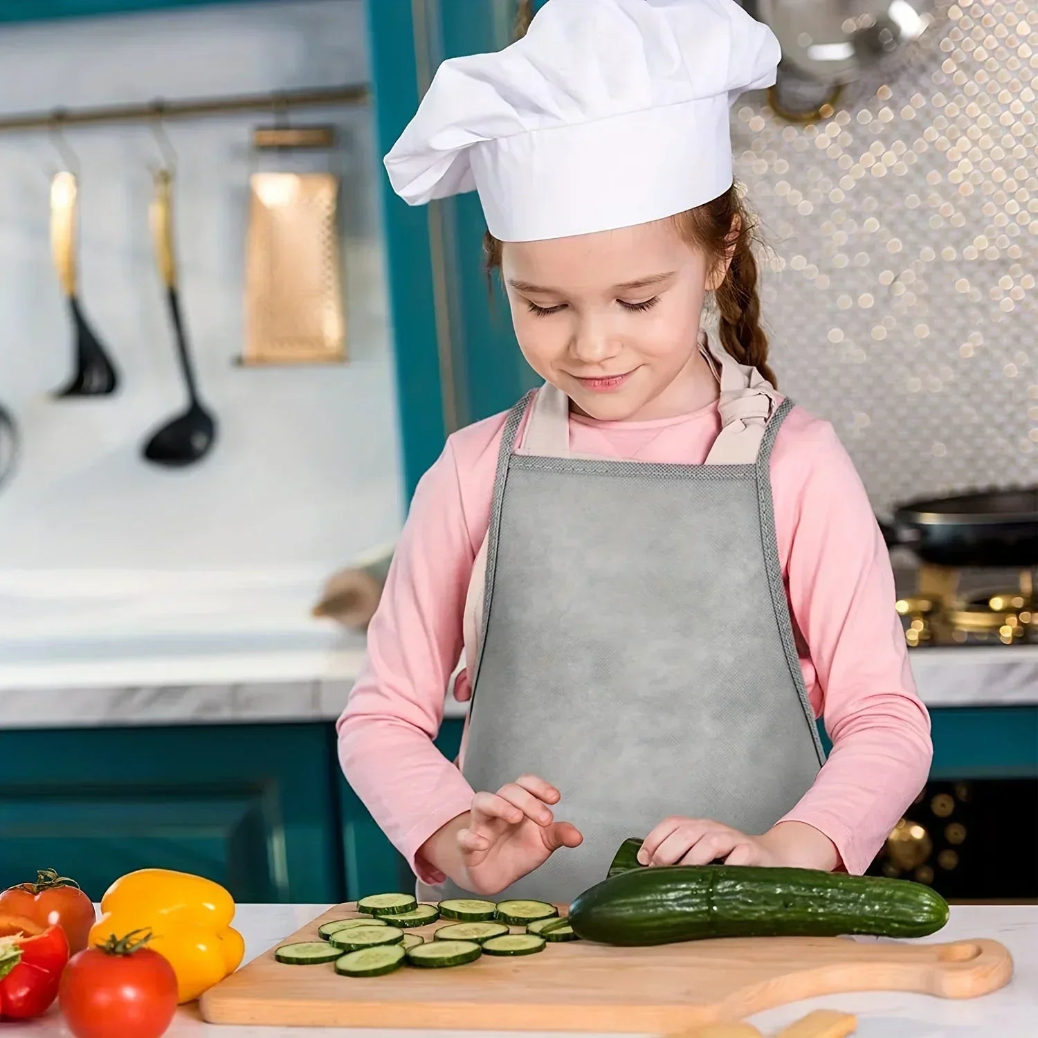 Child in a kitchen wearing a chef's hat and apron, preparing vegetables.