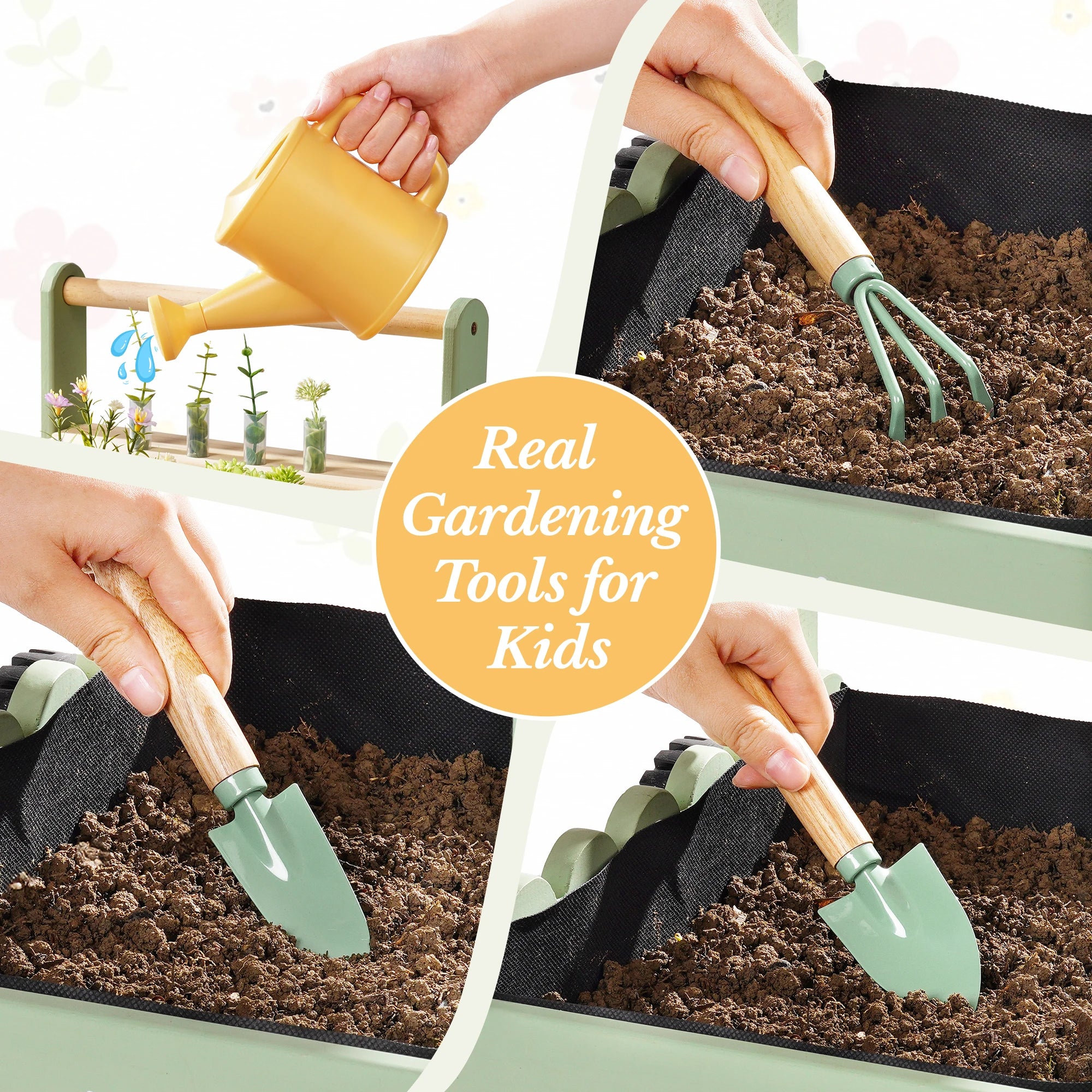 Wooden Kids Garden Cart with Tools and Planters