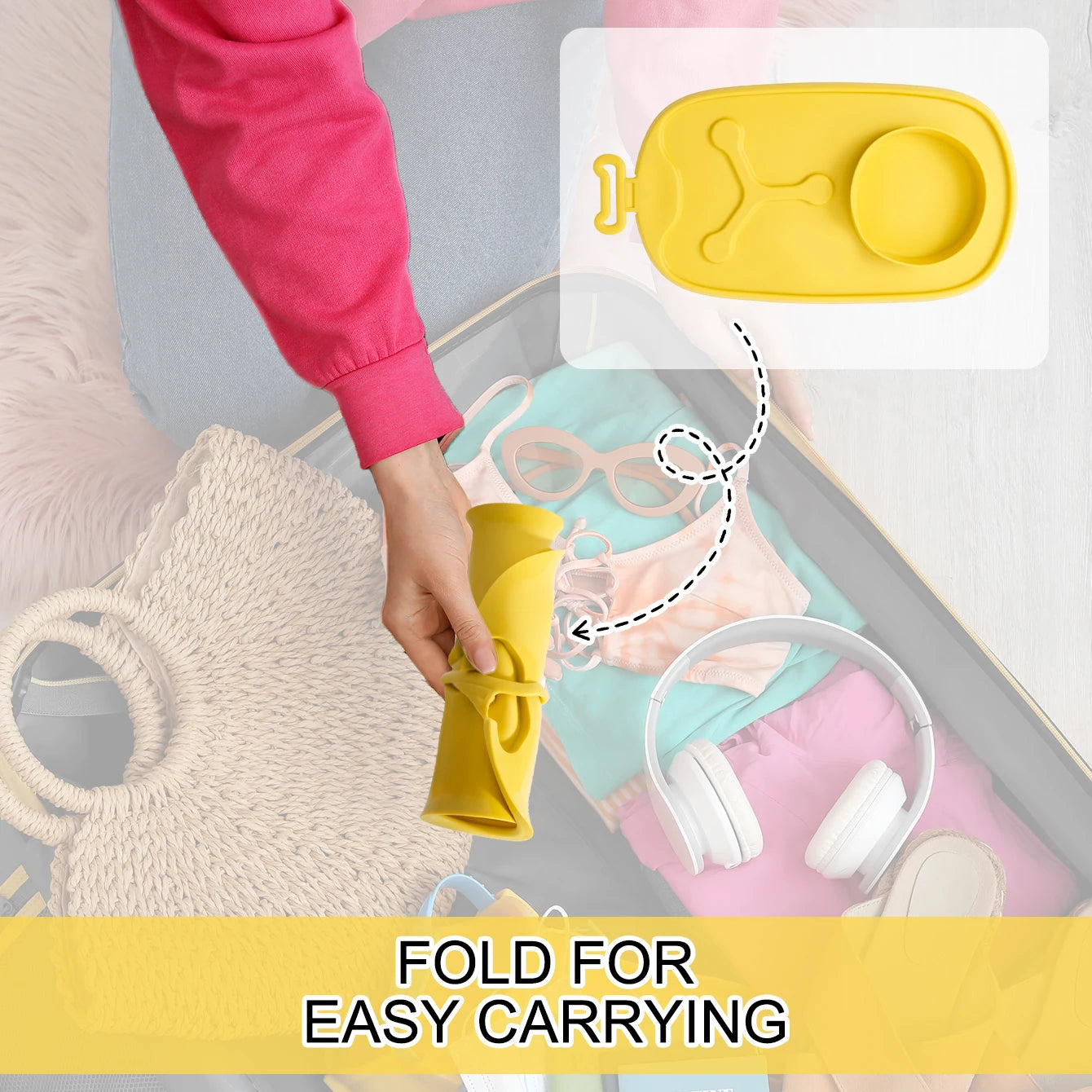 Rolled yellow placemat packed into a travel bag