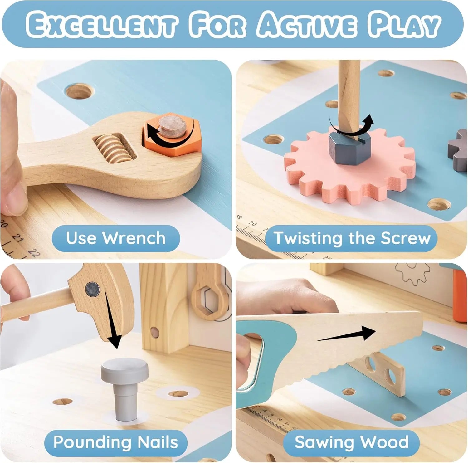 Wooden tool set with various activities including using a wrench, twisting a screw, pounding nails, and sawing wood.