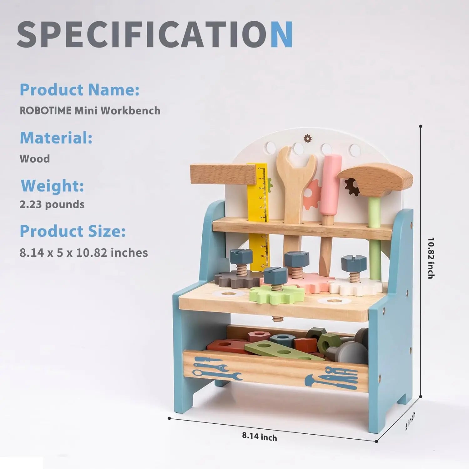 ROBOTIME Mini Workbench with toy tools and measurements on a white background