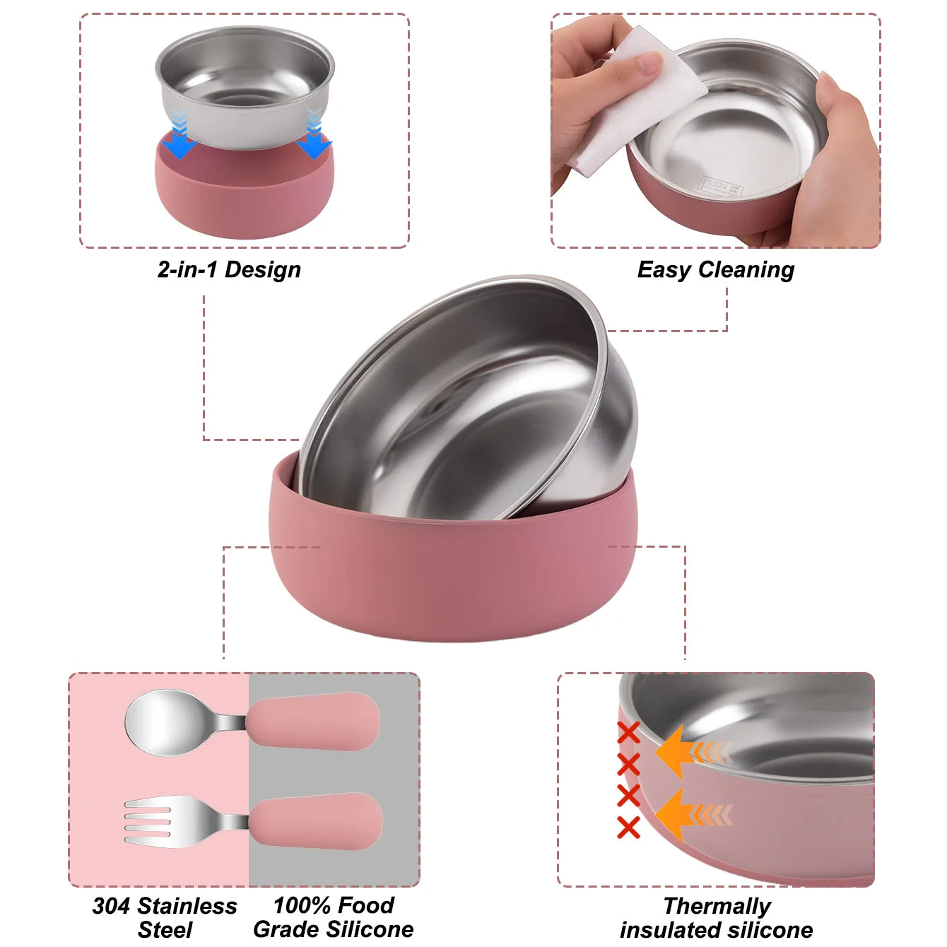 4-Piece Stainless Steel Silicone Suction Bowl and Utensil Set | Oliver & Company Montessori Toys