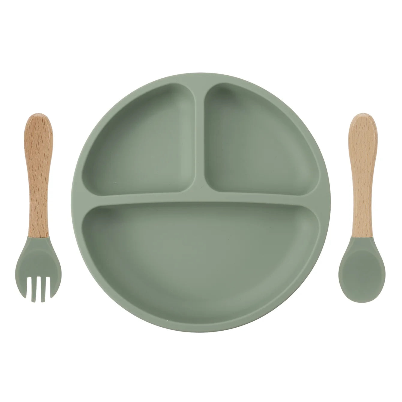 Silicone divided suction plate with wooden spoon and fork in Sage