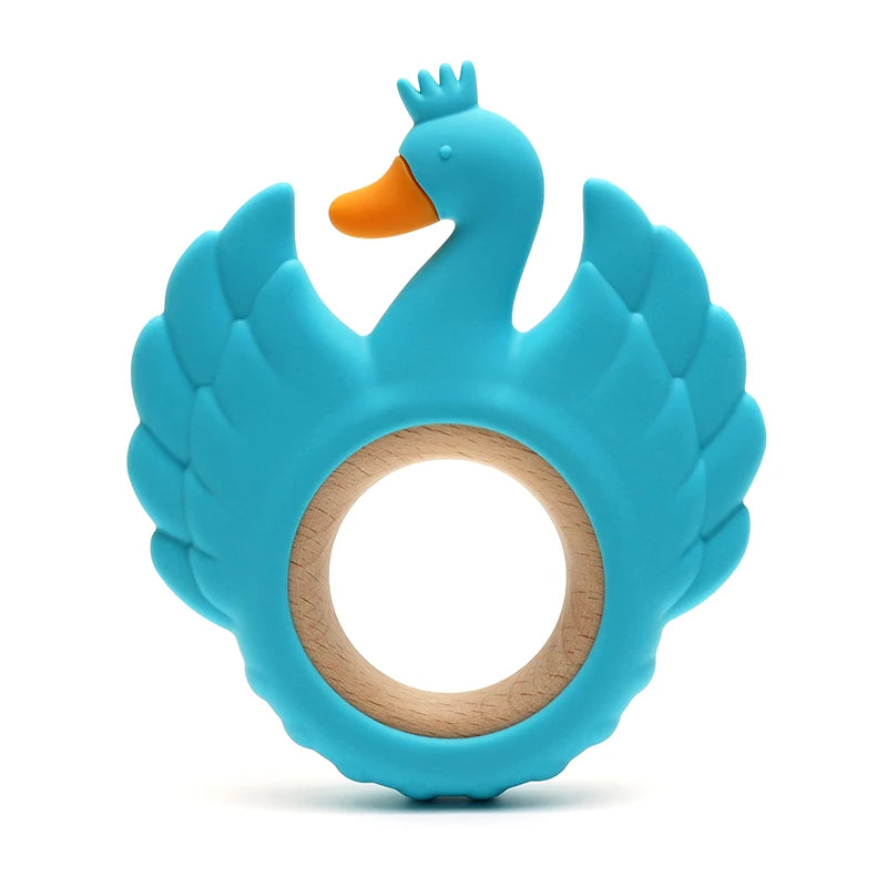 Blue swan-shaped teething ring on a white background