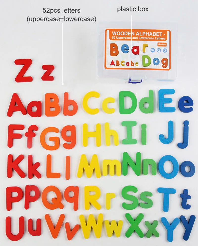 Colorful wooden alphabet letters with a plastic box labeled 'Wooden Alphabet Bear ABCs Dog'.