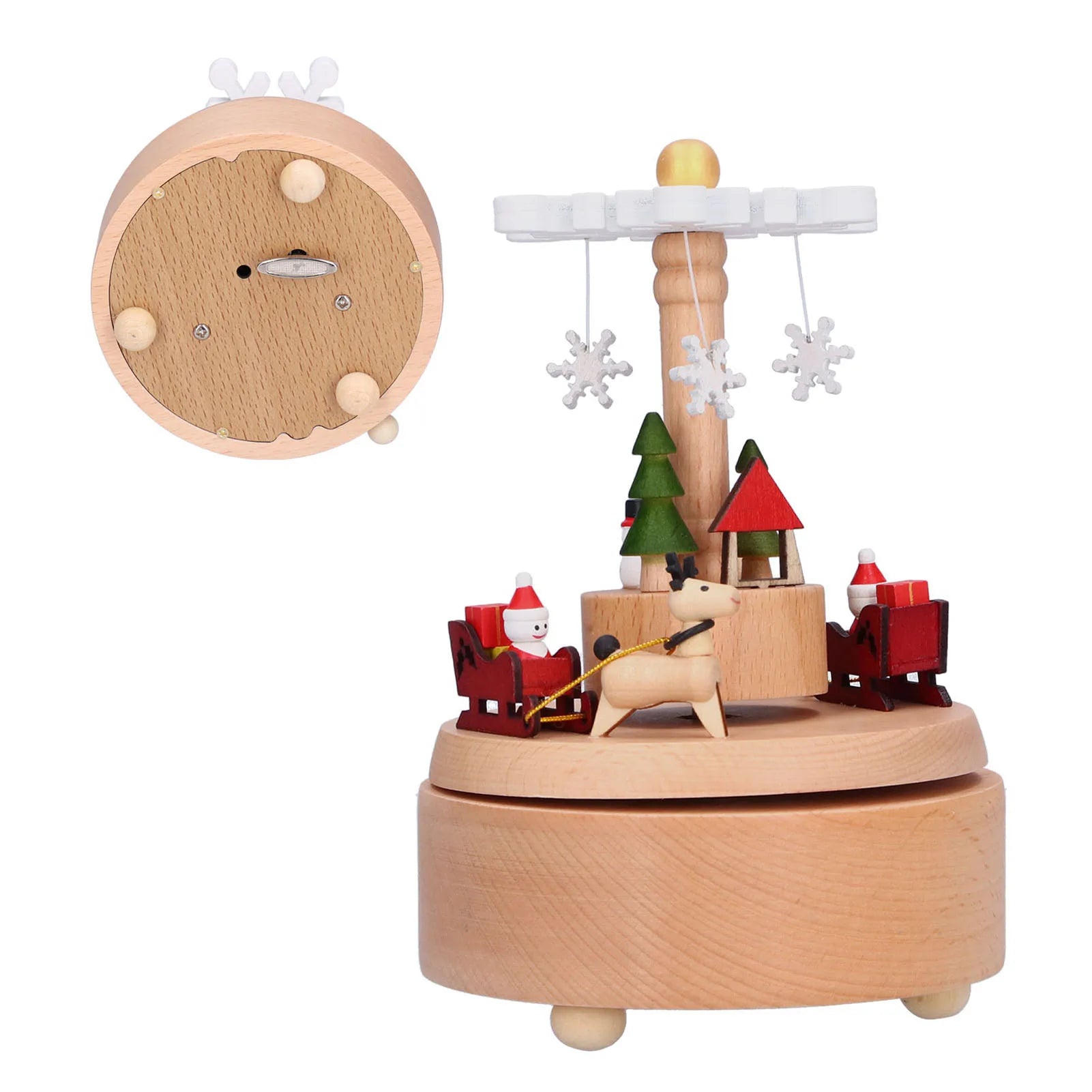 Wooden music box with Santa Claus, reindeer, and Christmas trees on a white background