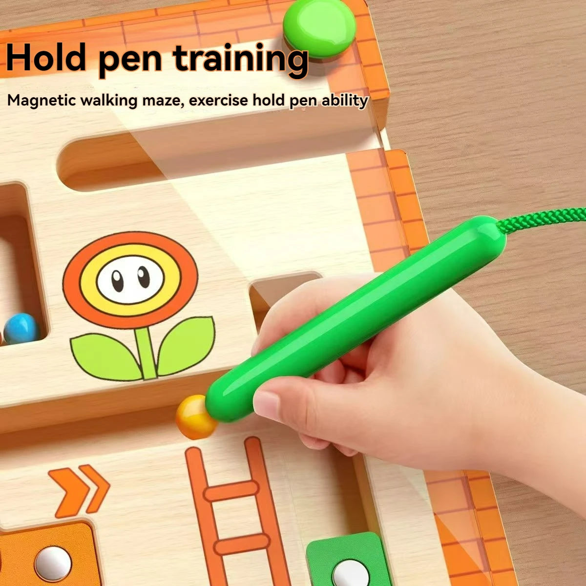 Hand holding a green magnetic pen over a wooden maze toy with text 'Hold pen training' and 'Magnetic walking maze, exercise hold pen ability'.