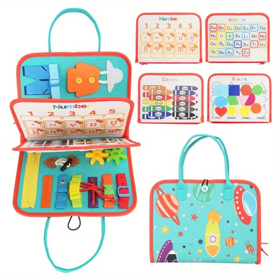 Educational toy set with colorful compartments and educational charts on a white background