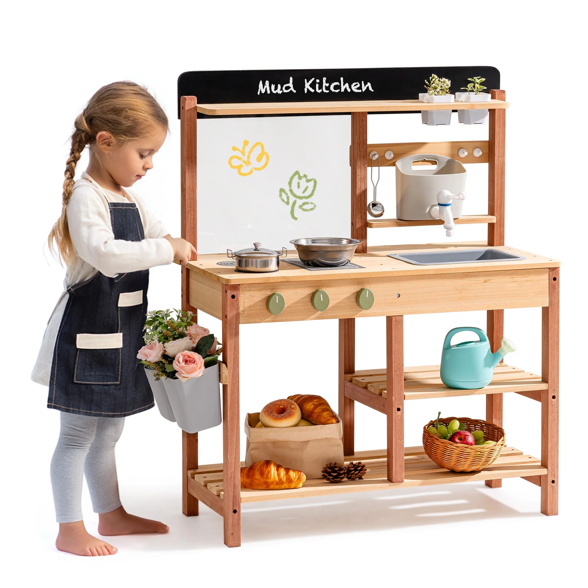 Wooden Outdoor Mud Kitchen with Chalkboard and Sink