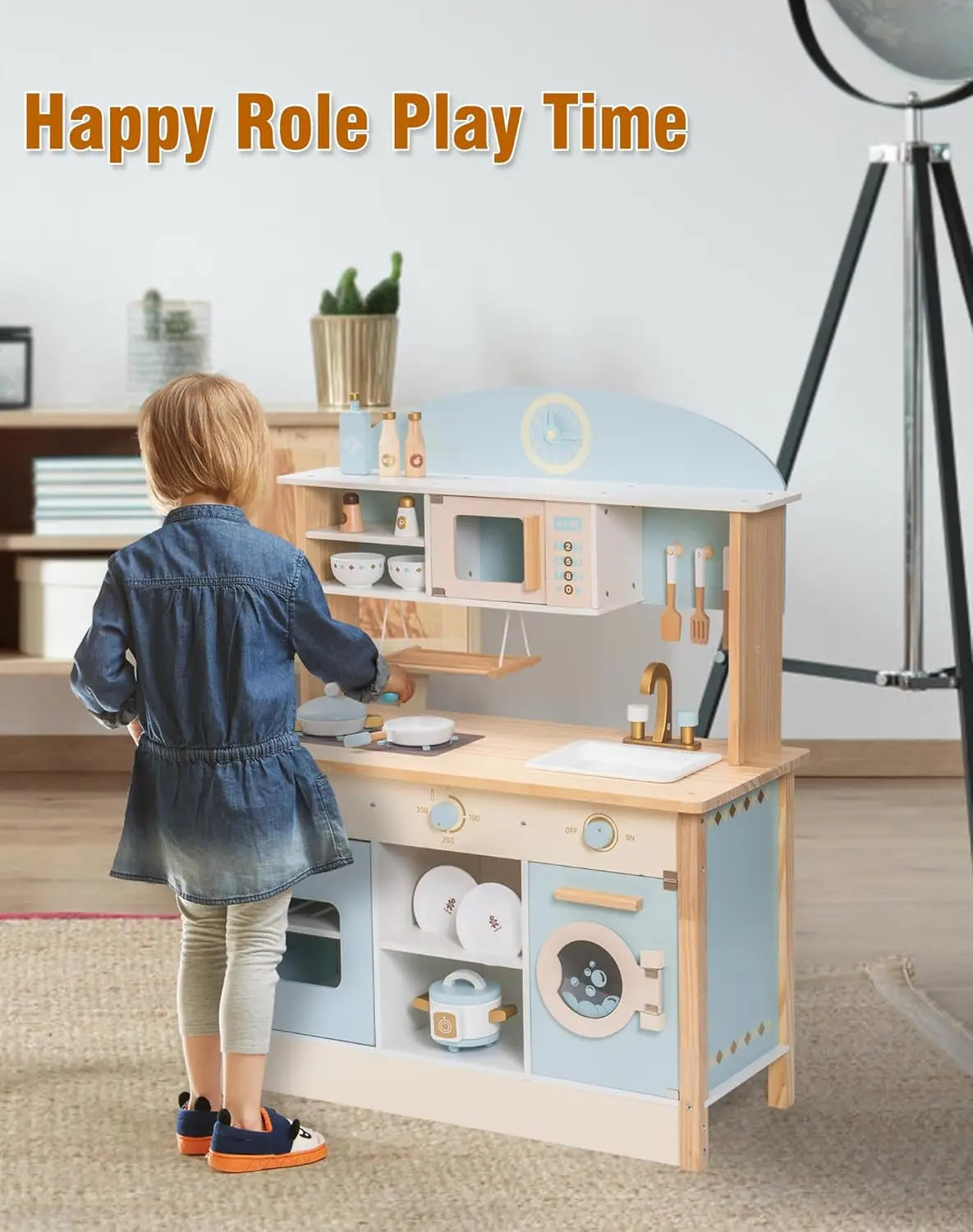 Child playing with a wooden play kitchen set in a room with shelves and decor.