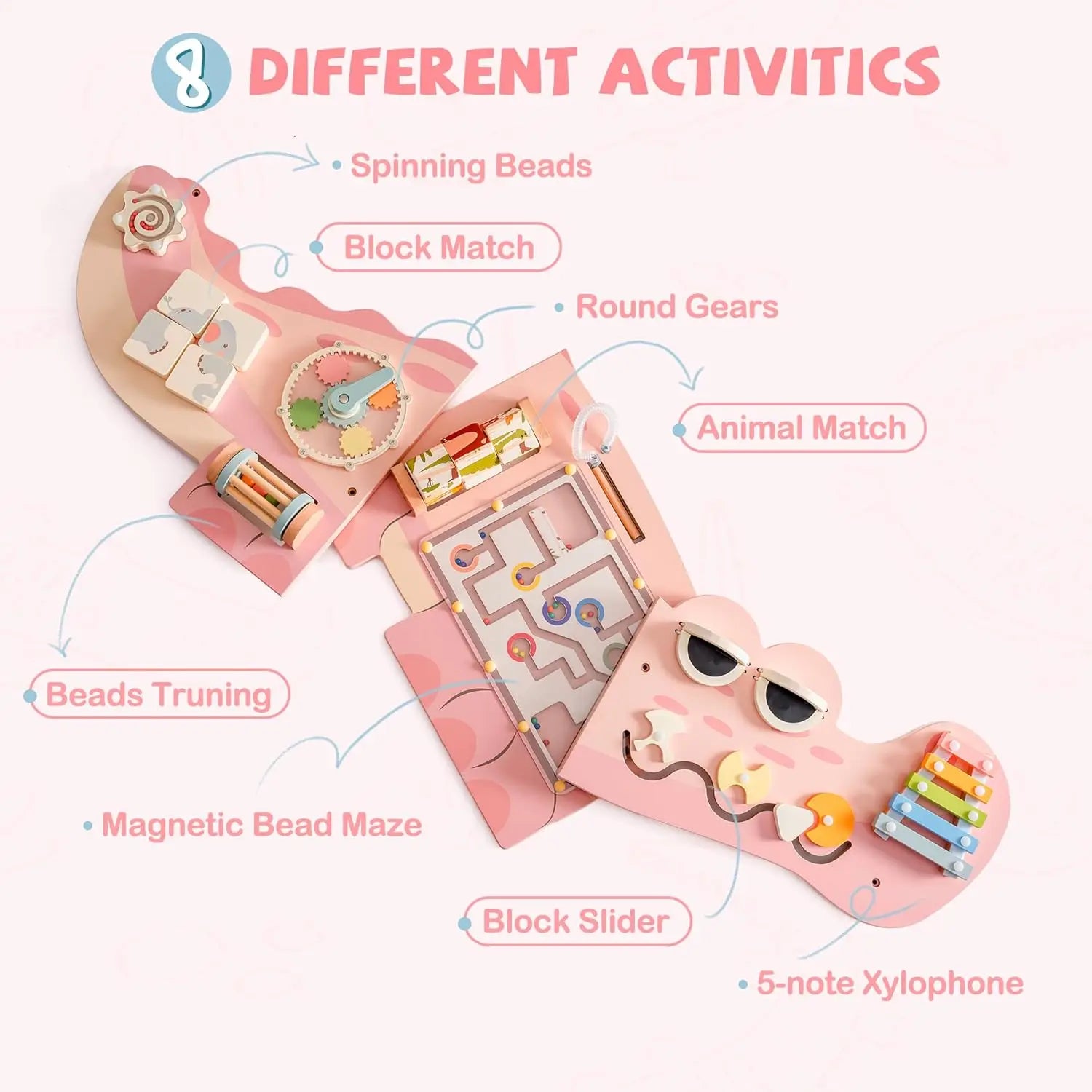 Pink educational toy with various activities on a white background