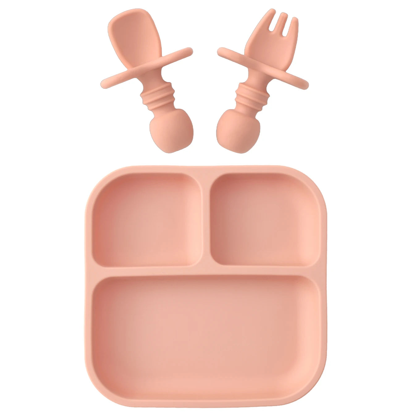 Set of pink children's tableware including a divided plate, spoon, and fork on a white background