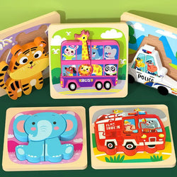 Montessori 3D Wooden Character Puzzles featuring a colorful toy bus, fire truck, and animal figures, designed to enhance children's cognitive development and imaginative play.