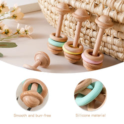 Wooden Baby Rattles with Silicone Rings, featuring a close-up of charming wooden rattles with silicone rings, ideal for sensory exploration and motor skill development.