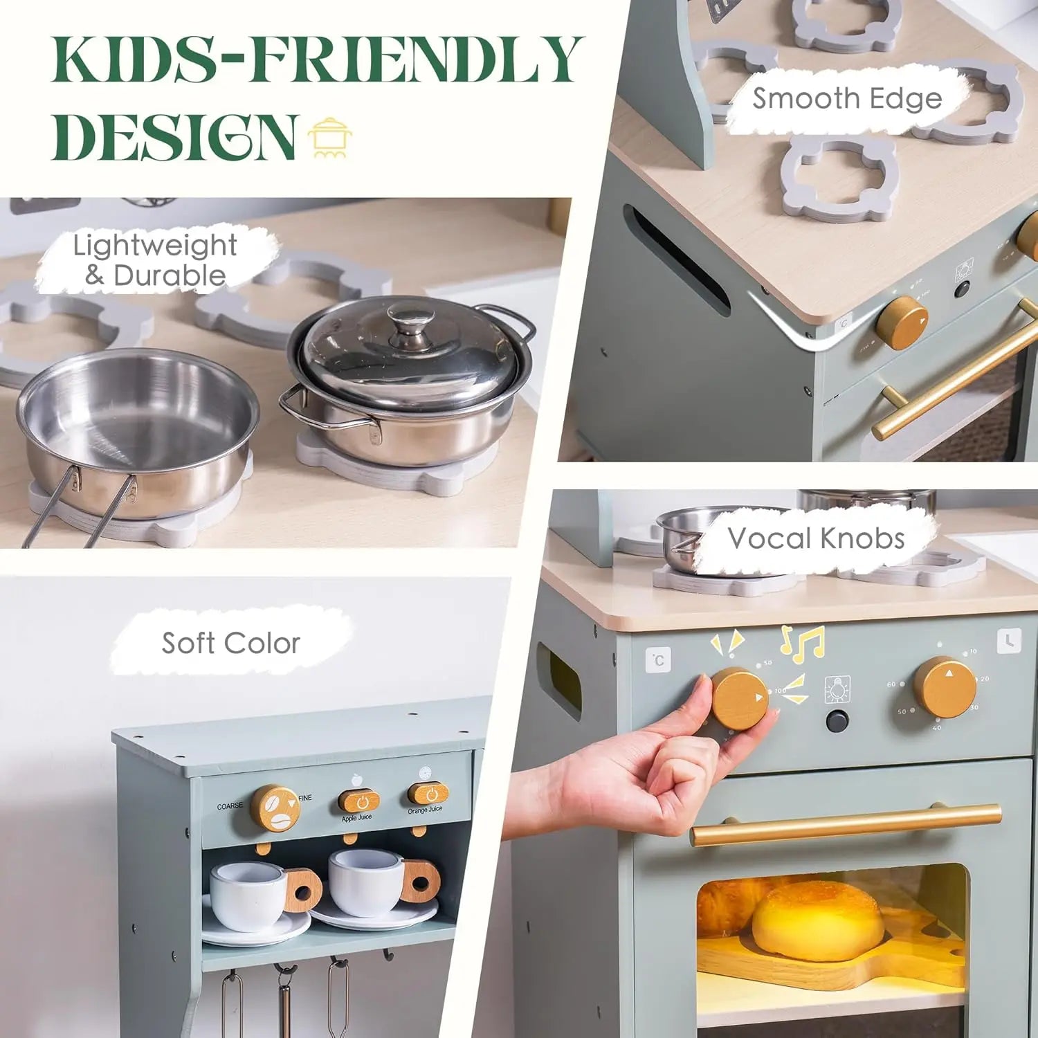 Children's play kitchen set with metallic pots, soft color design, smooth edges, and vocal knobs.