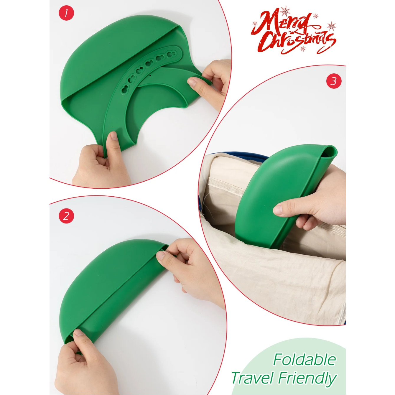 Silicone bib folding up for travel