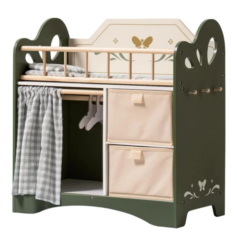 Children's play wardrobe with green frame, wooden shelves, and fabric items on a white background