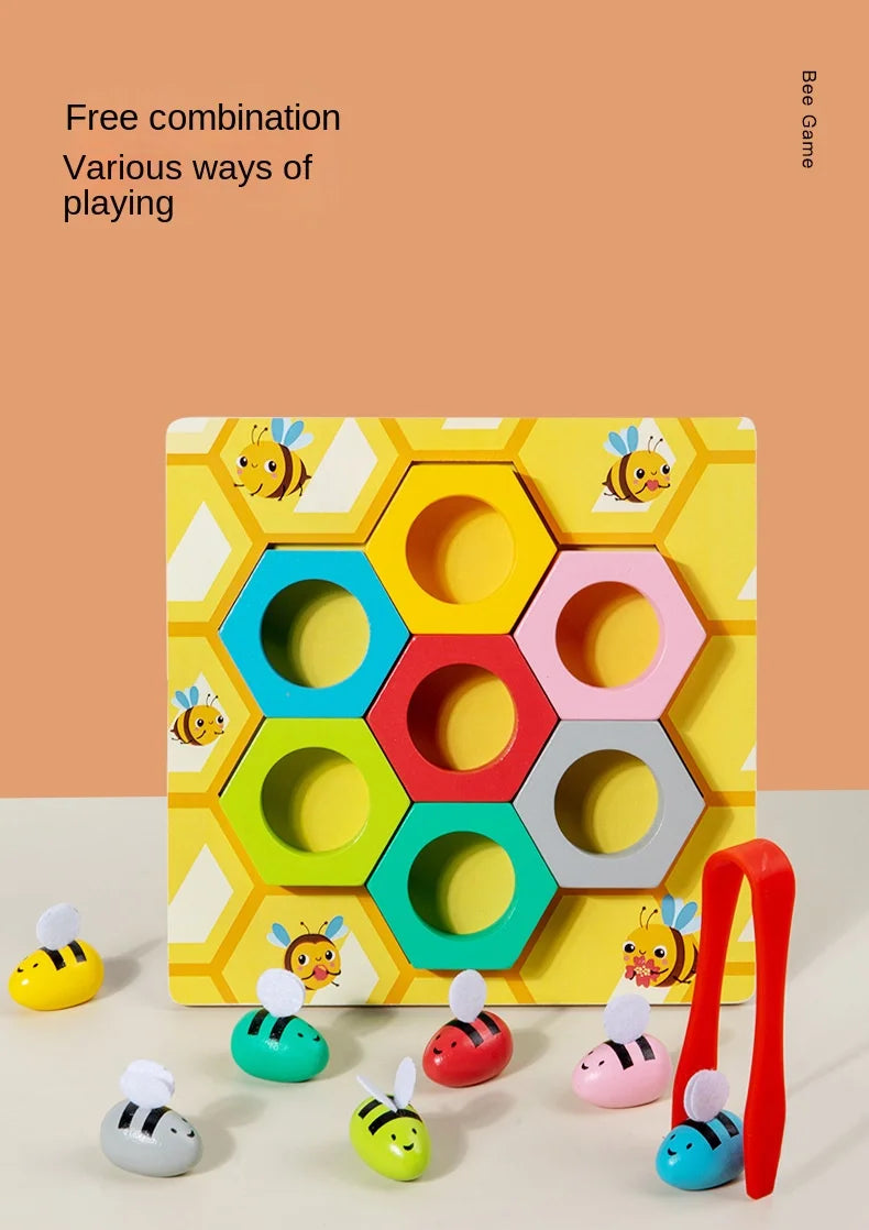 Colorful geometric shape sorting toy with cartoon bees on a beige background