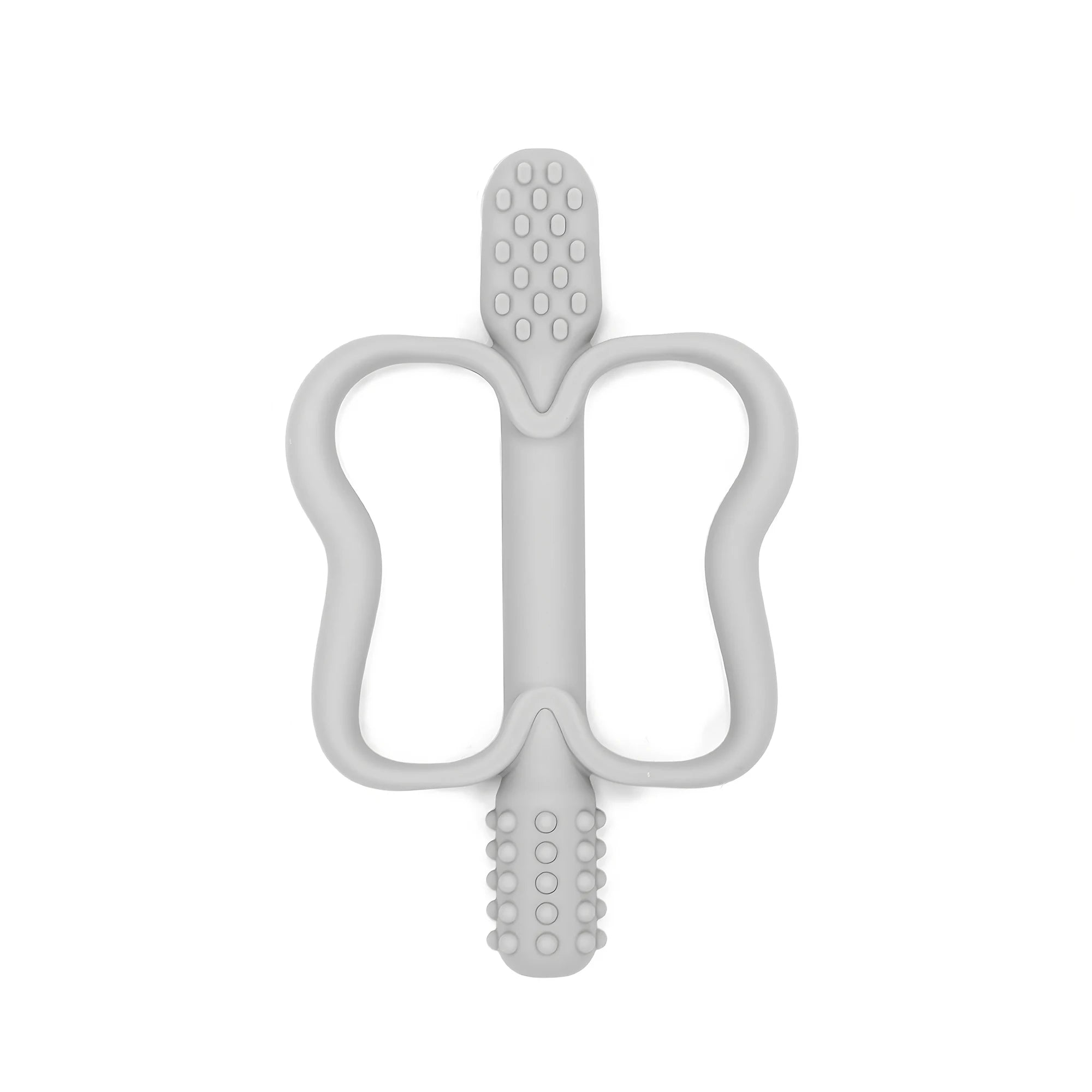 Gray butterfly-shaped baby teether on a white background