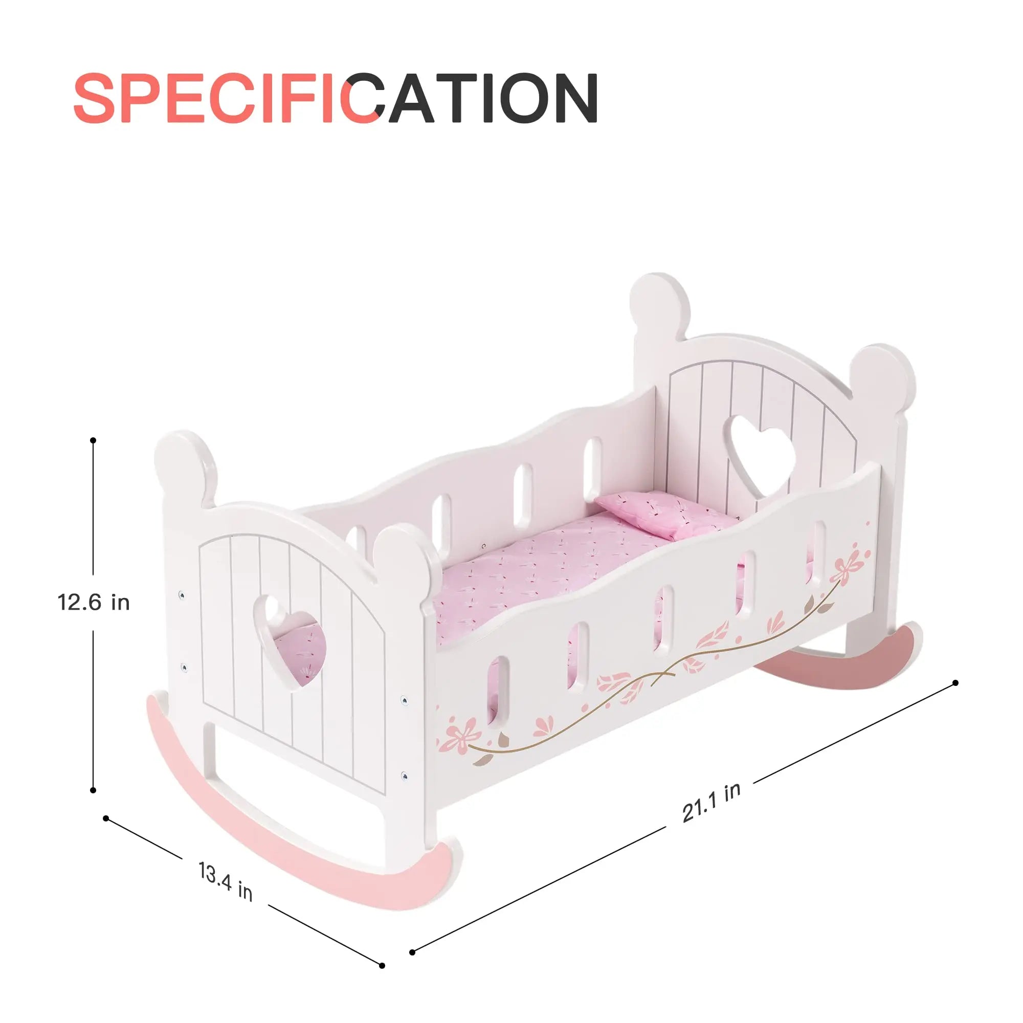 Measurement chart of a pink and white baby crib with dimensions.