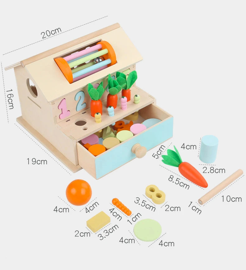 Montessori Fun House & Cash Register Set: Educational wooden toys for toddlers. Features shape sorting, magnetic worm catching, and more for hands-on learning fun.