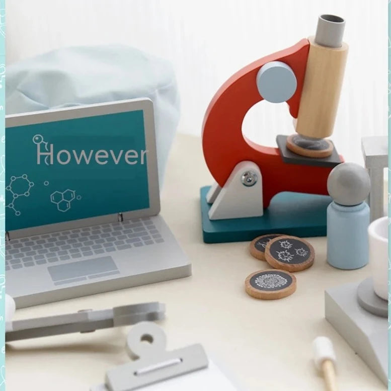 Pretend Play Microscope Set featuring a wooden microscope and experimental tools, ideal for sparking curiosity in young biologists.