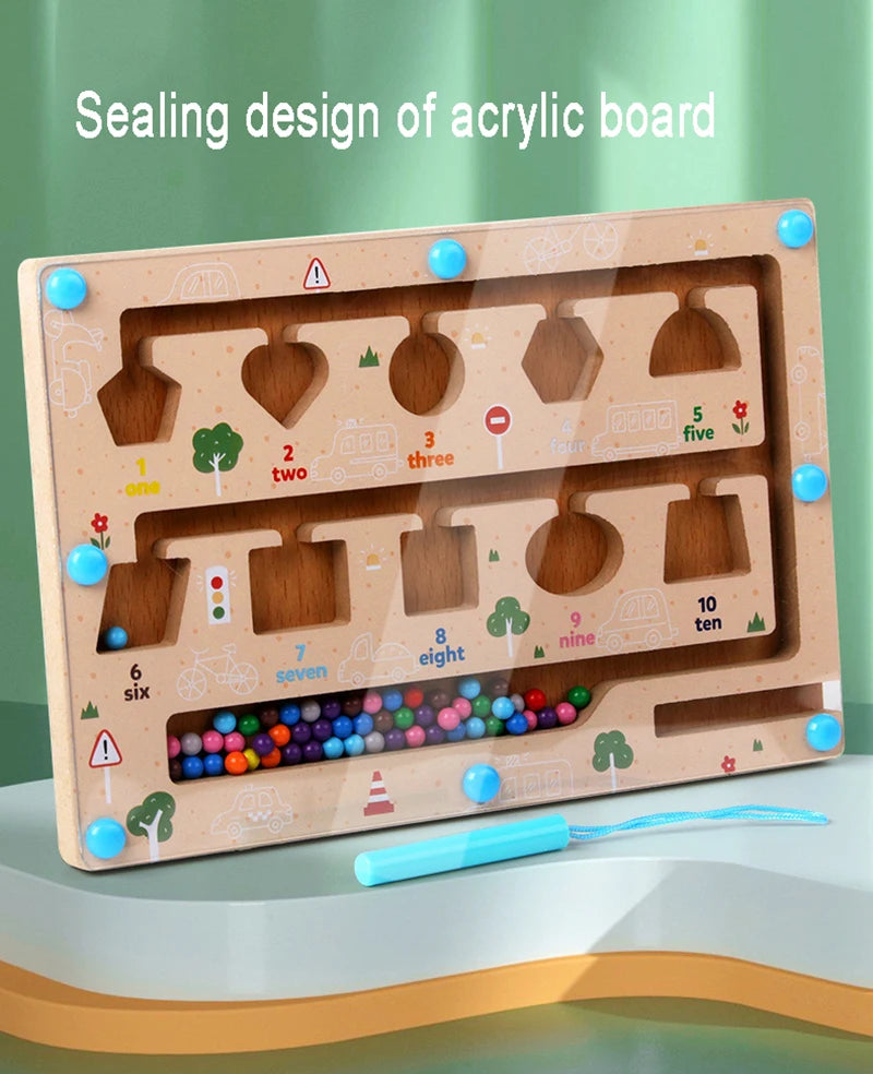 Wooden educational toy with colorful beads on a green background
