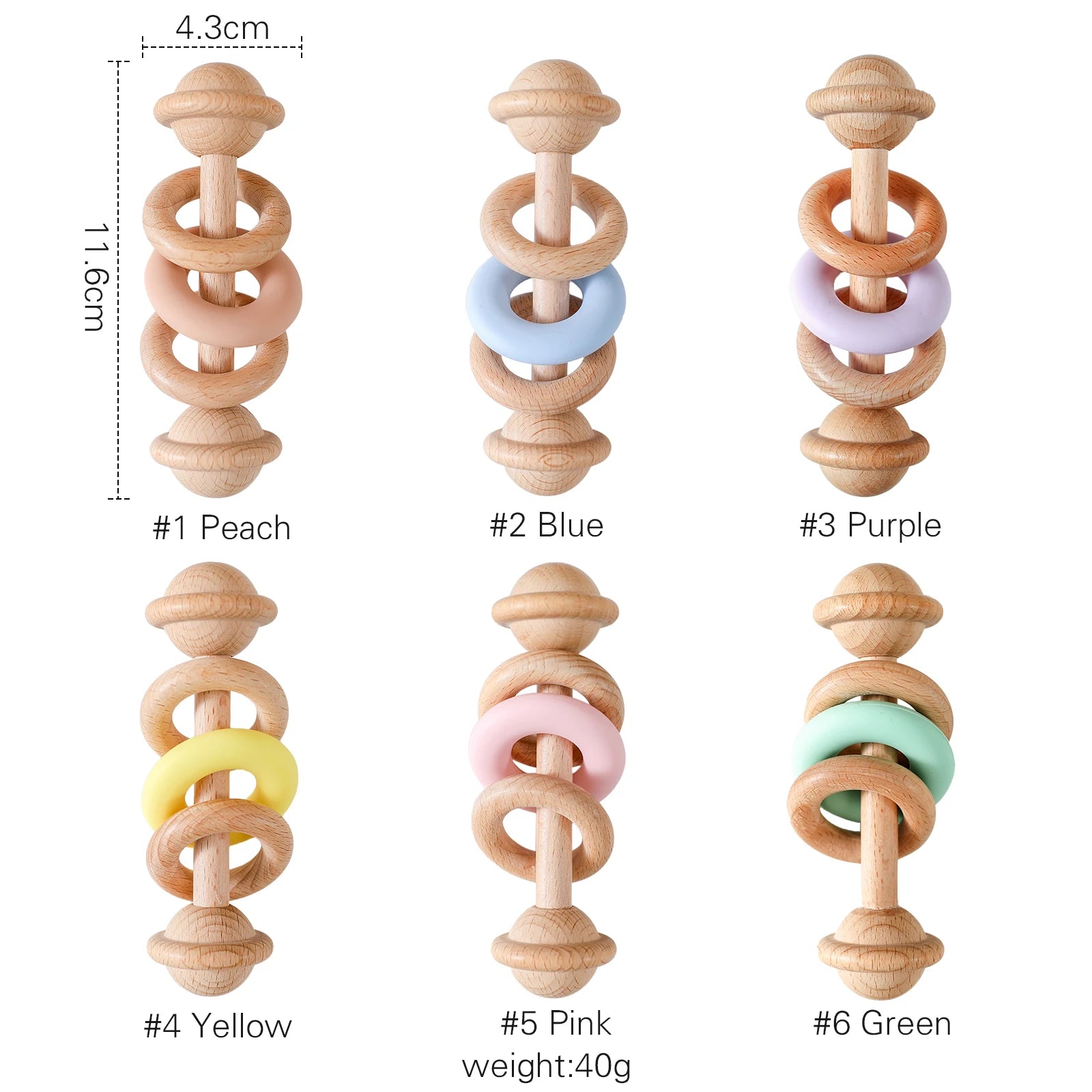 Wooden Baby Rattles with Silicone Rings, designed for infants, featuring a secure wood and silicone mix for tactile exploration and sensory development.