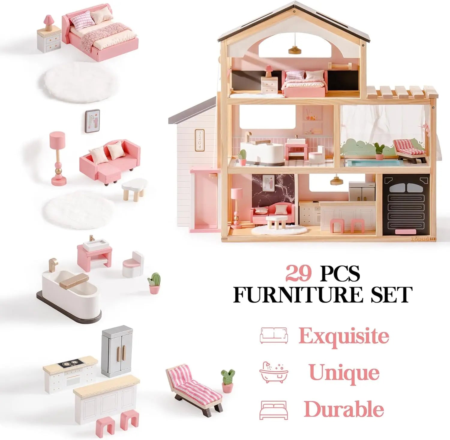Dollhouse with 29 piece furniture set on a white background