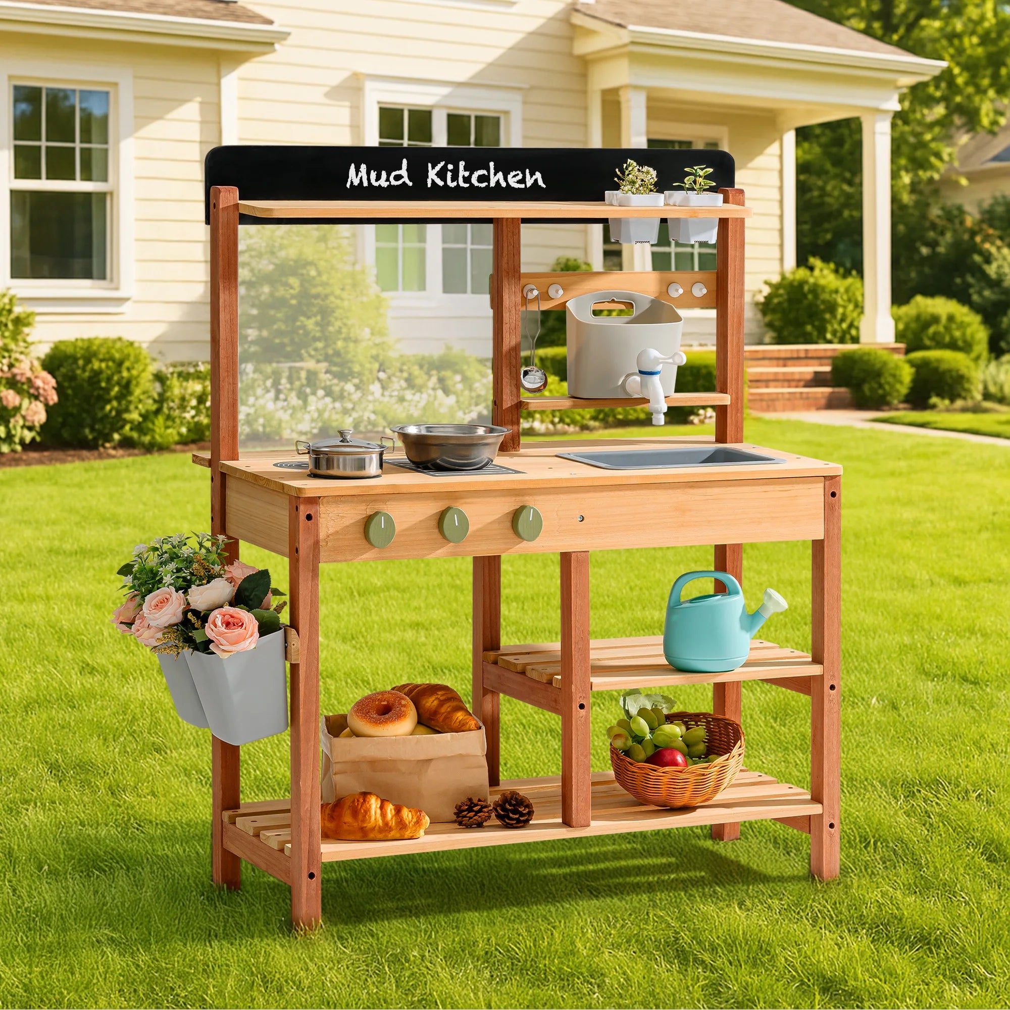 Wooden Outdoor Mud Kitchen with Chalkboard and Sink