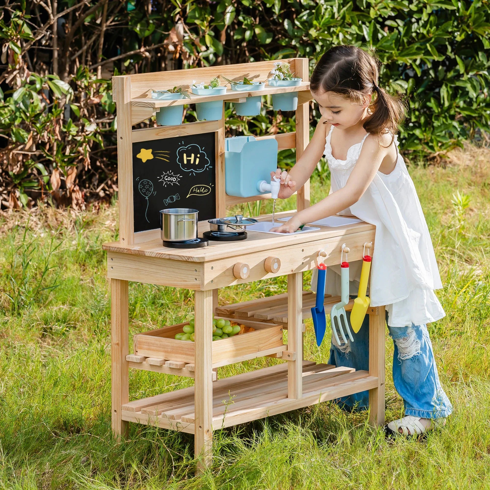 Wooden Outdoor Mud Kitchen with Water Pump and Chalkboard