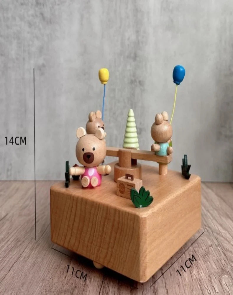 Wooden Bear Seesaw Music Box – Wind-Up Clockwork Beech Wood | Oliver & Company Montessori Toys