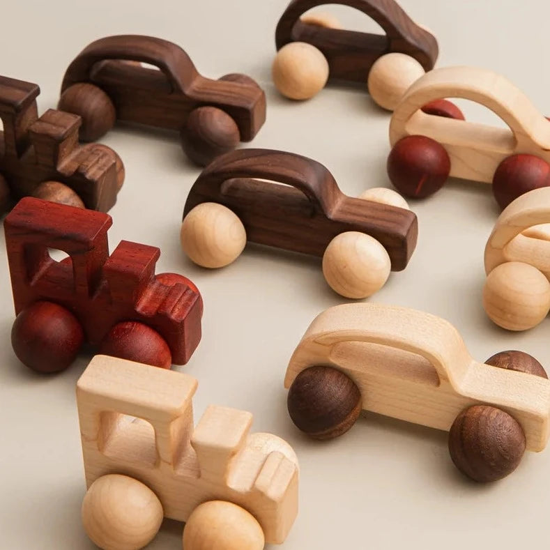 Baby 3pcs Wooden Car Sets featuring durable beech wood toy vehicles, including cars and a train, designed for imaginative play and early learning.