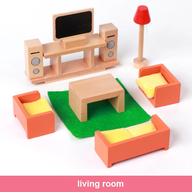 Wooden toy furniture set for a living room on a white background