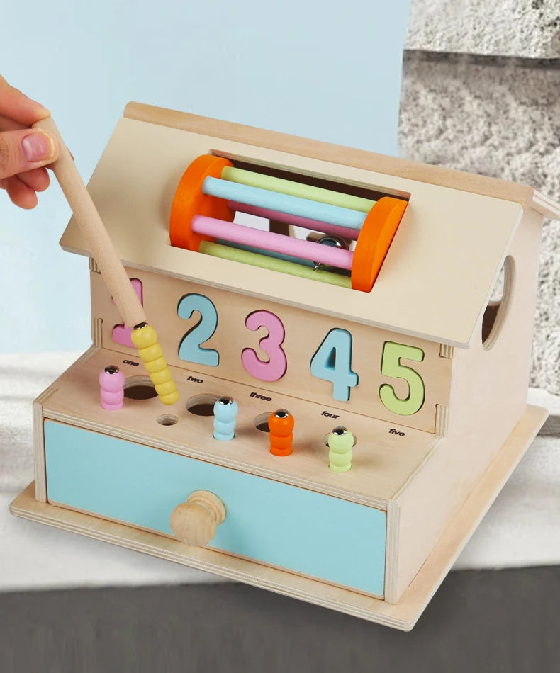 Montessori Fun House & Cash Register Set: Educational wooden toys for toddlers. Features shape sorting, magnetic worm catching, and more for hands-on learning fun.