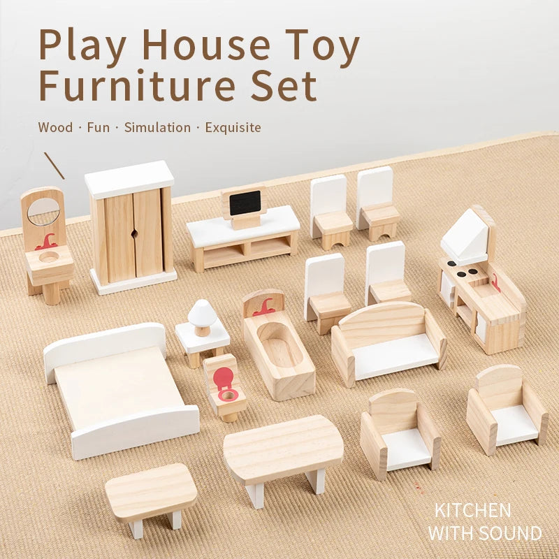 Wooden playhouse toy furniture set on a neutral background with text indicating features.