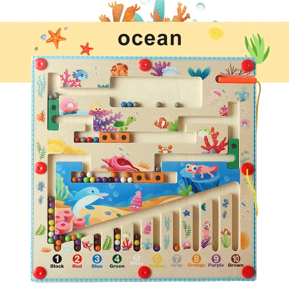Wooden educational toy with ocean-themed design on a yellow background