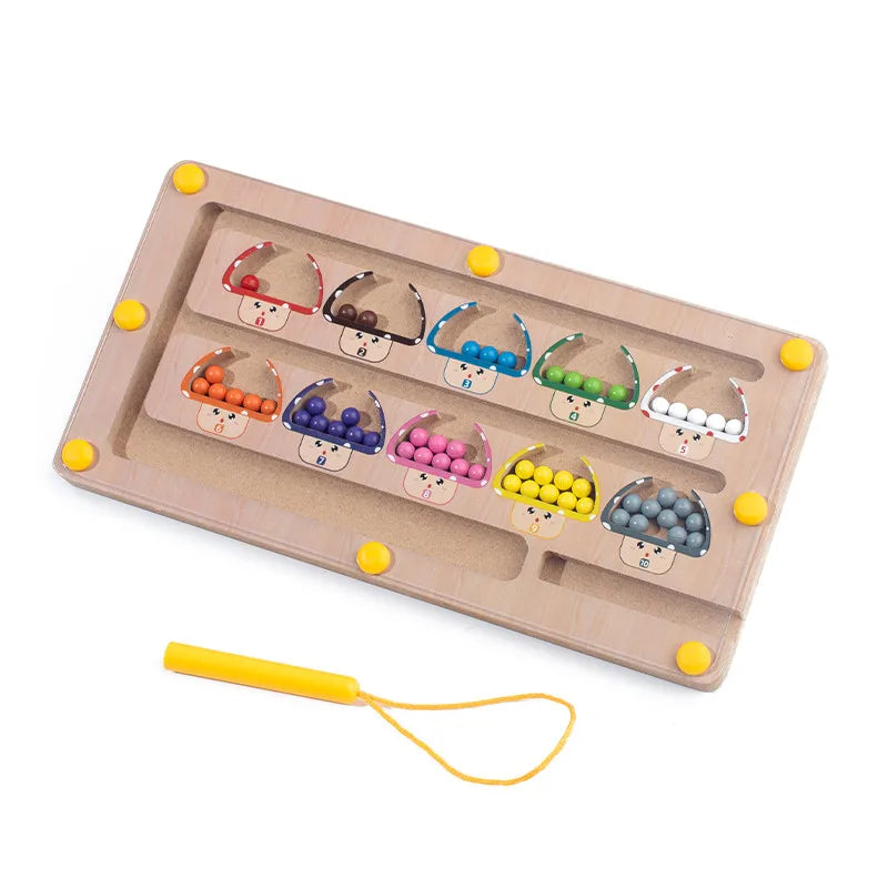 Wooden educational toy with colorful beads and a yellow string on a white background