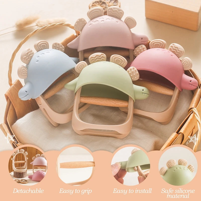 Set of colorful silicone turtle-shaped sand toys in a basket with features highlighted.