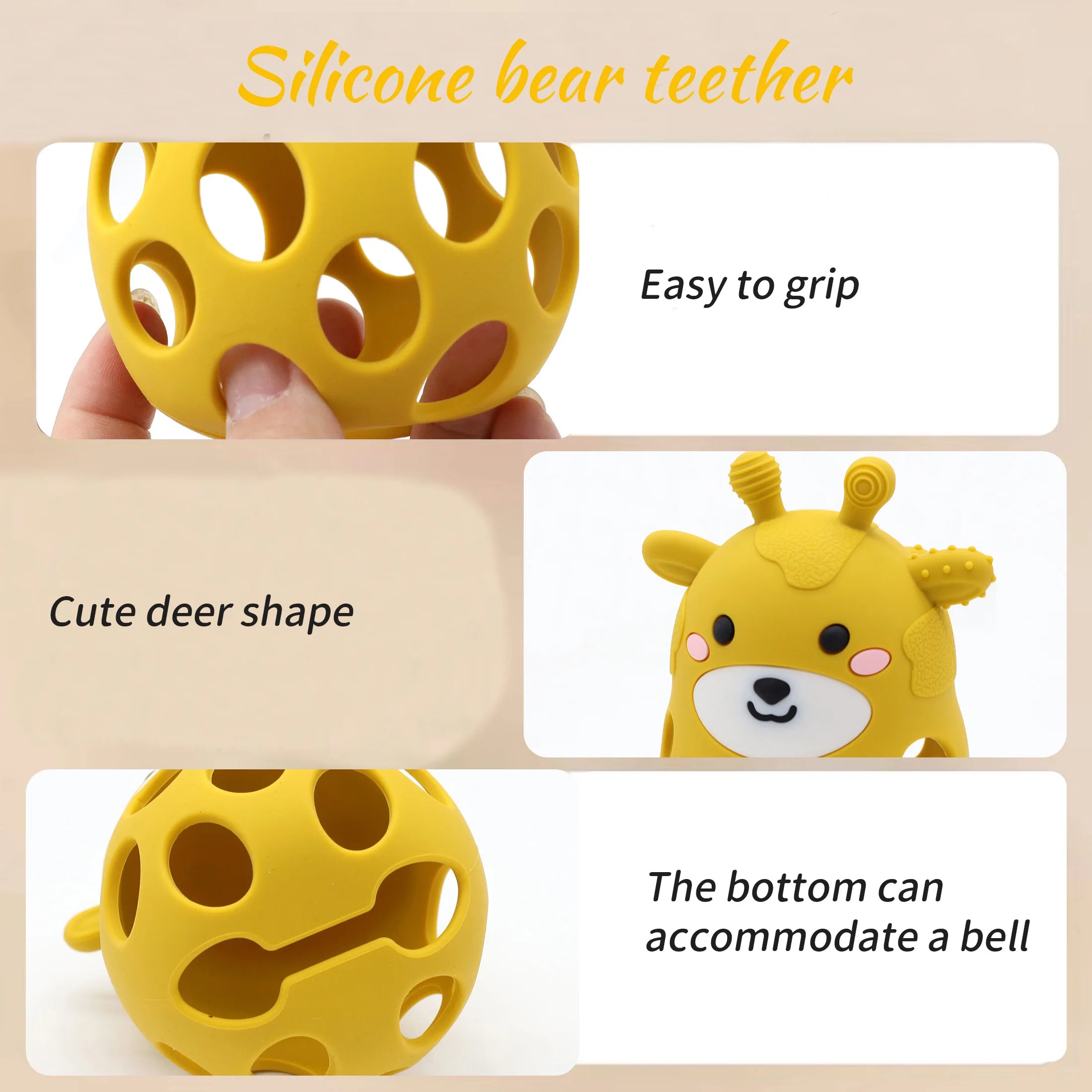 Yellow silicone bear teether with text highlighting features on a beige background