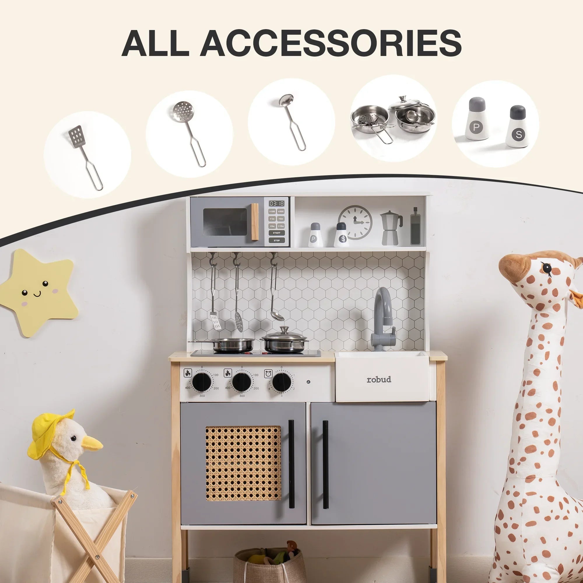 Children's play kitchen set with accessories on a light background