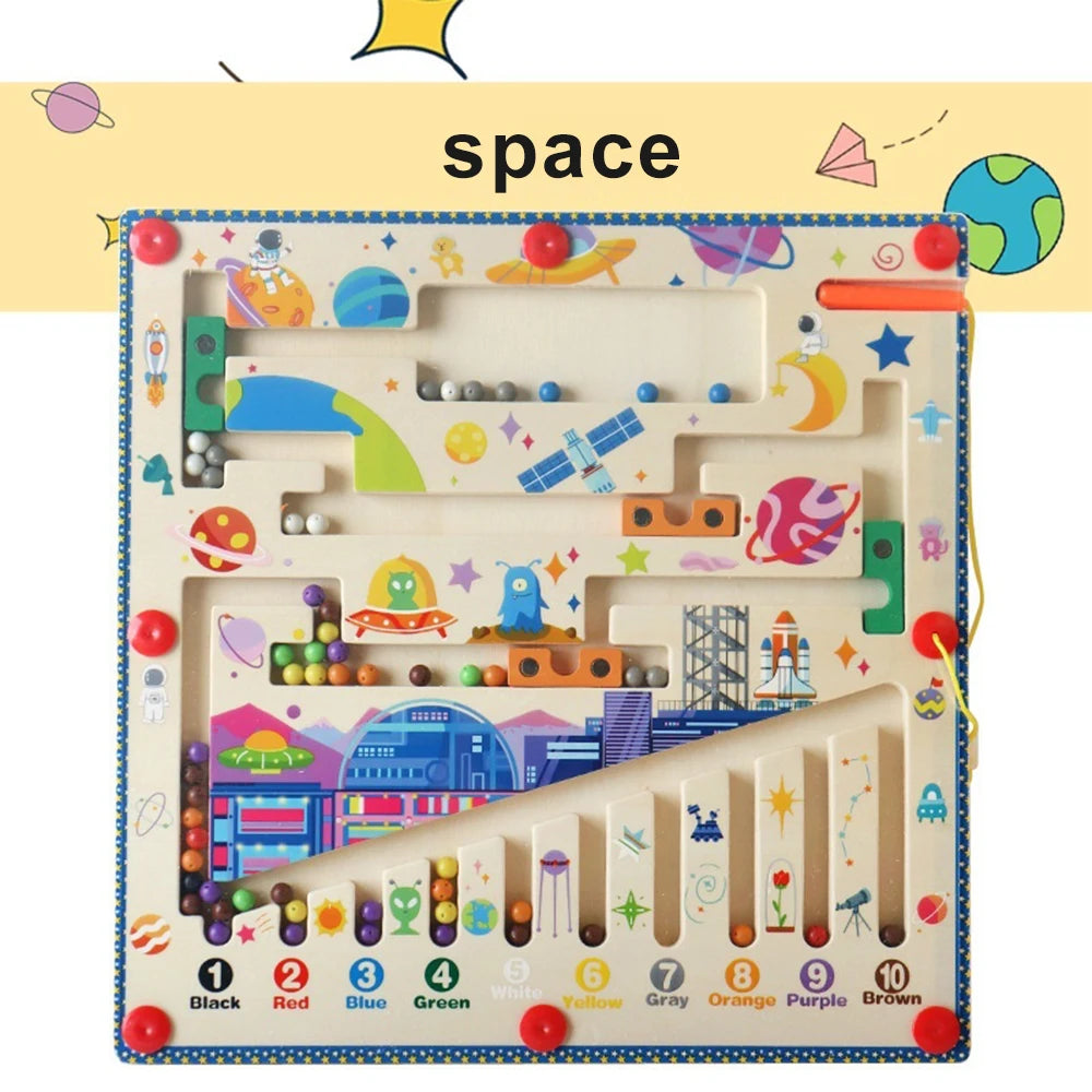 Colorful wooden maze toy with space-themed design on a yellow background