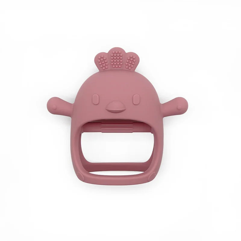 Pink baby teether with a bear design on a white background