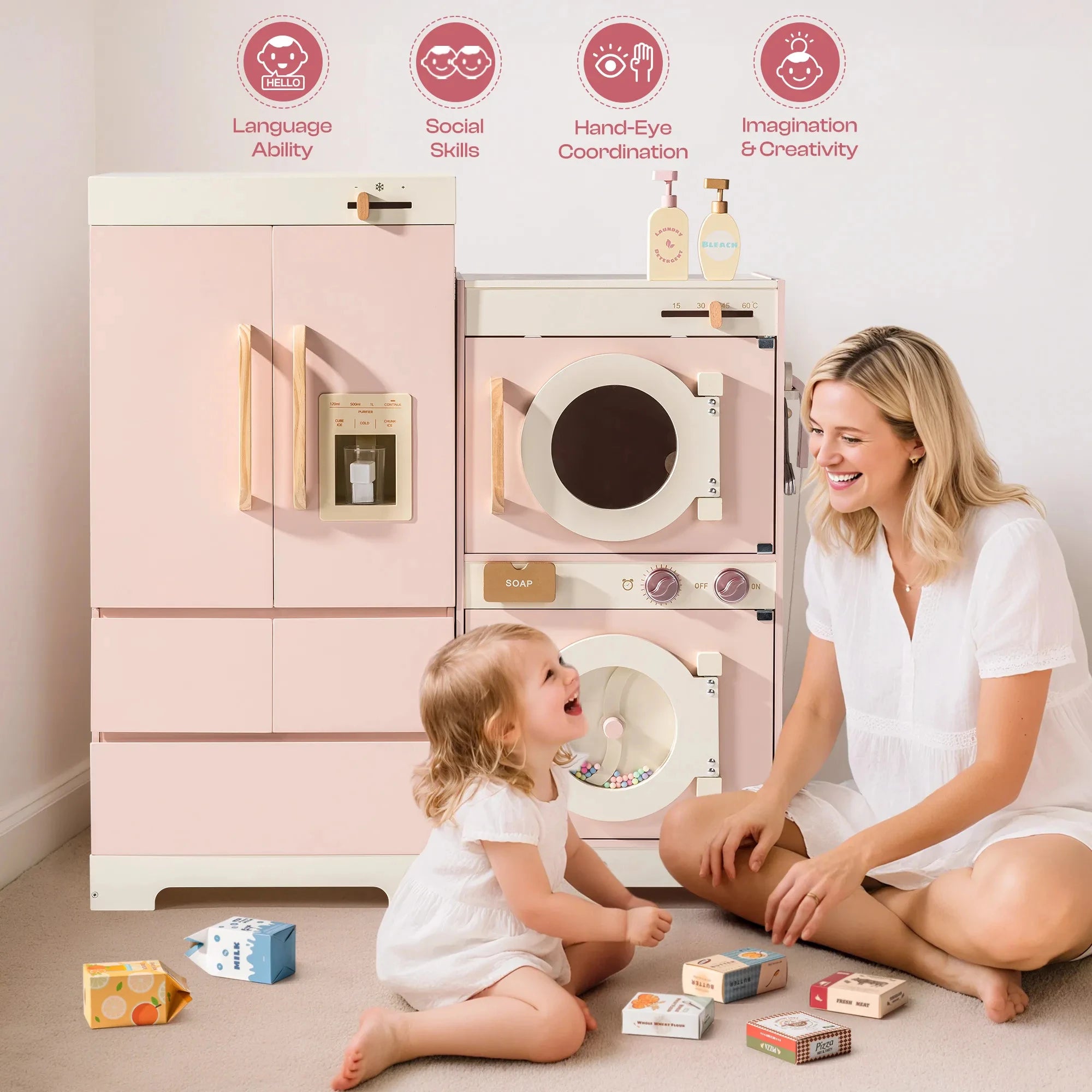 Complete Pink Wooden Kitchen Play Set