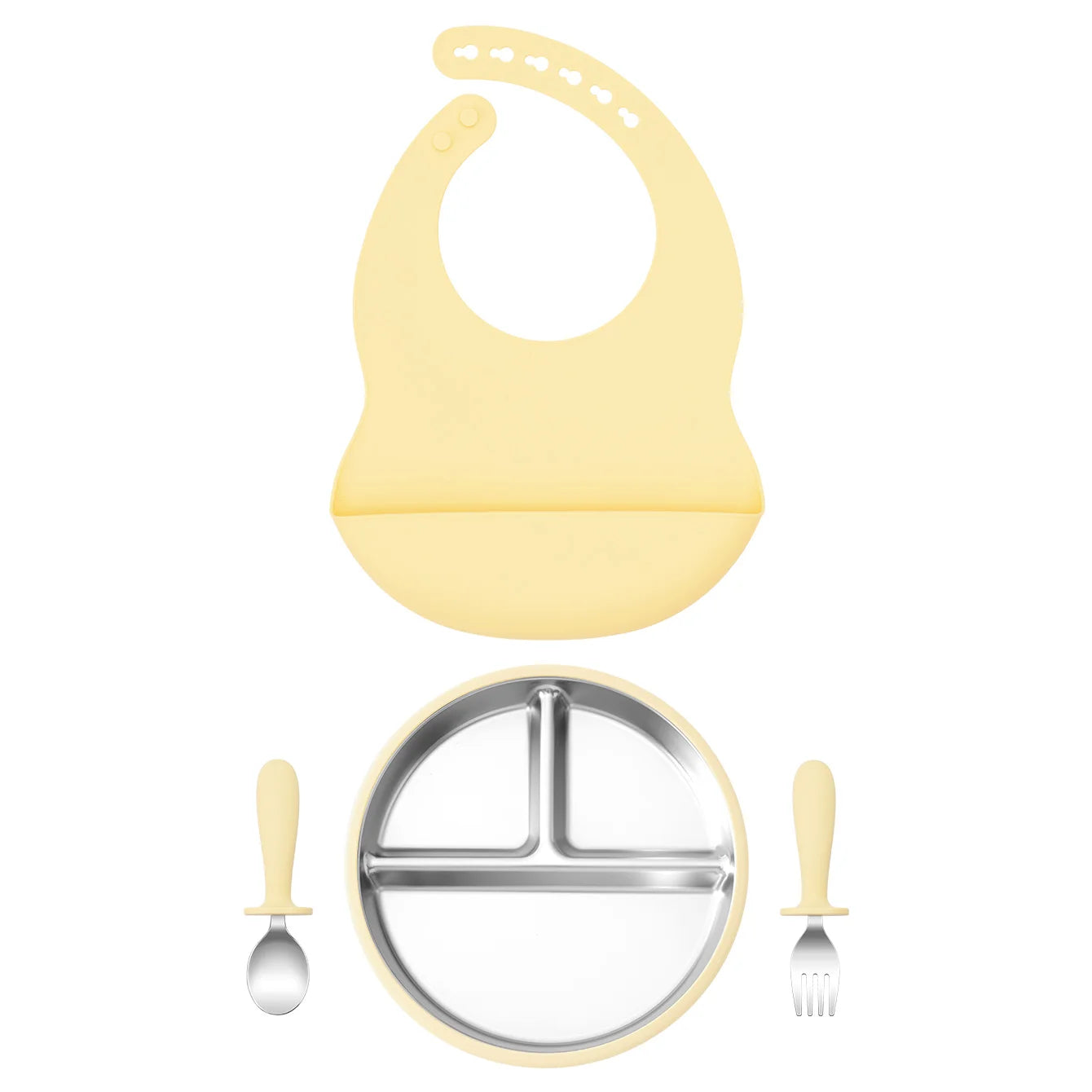 4-Piece Stainless Steel Silicone Feeding Set with Divided Plate and Bib