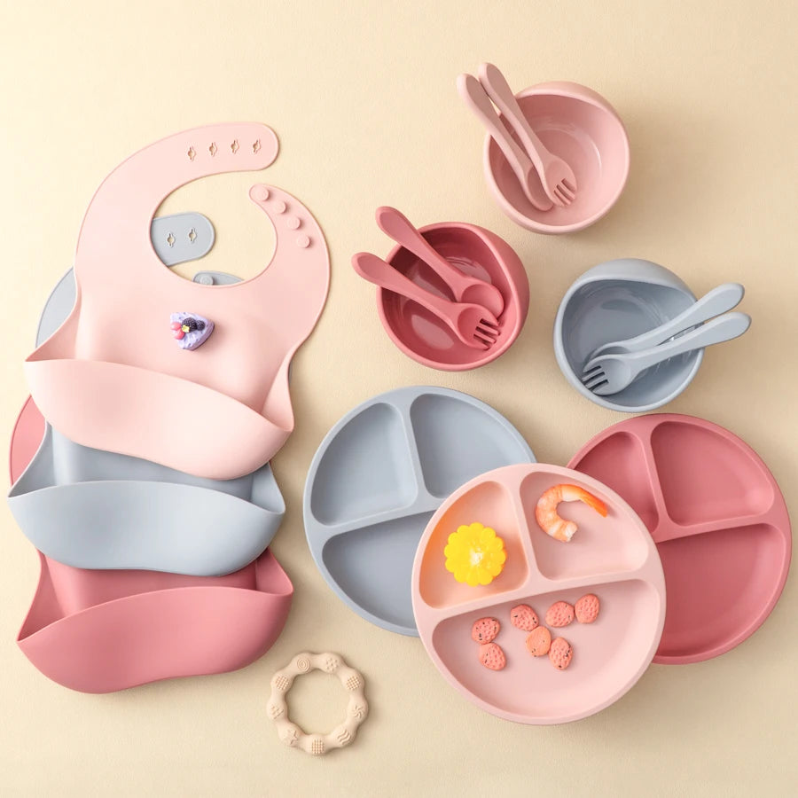 Silicone bib, divided plate and bowl sets in pink, mauve and grey blue