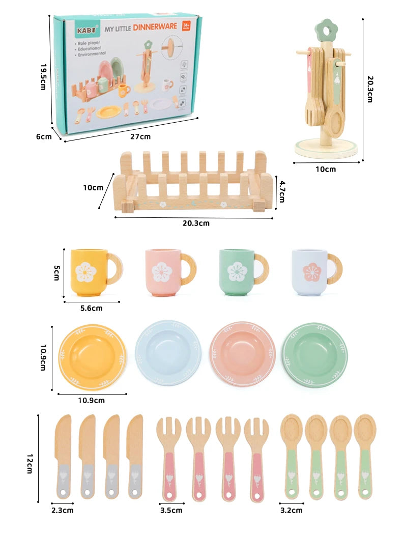 Set of children's wooden dinnerware with measurements and packaging displayed.