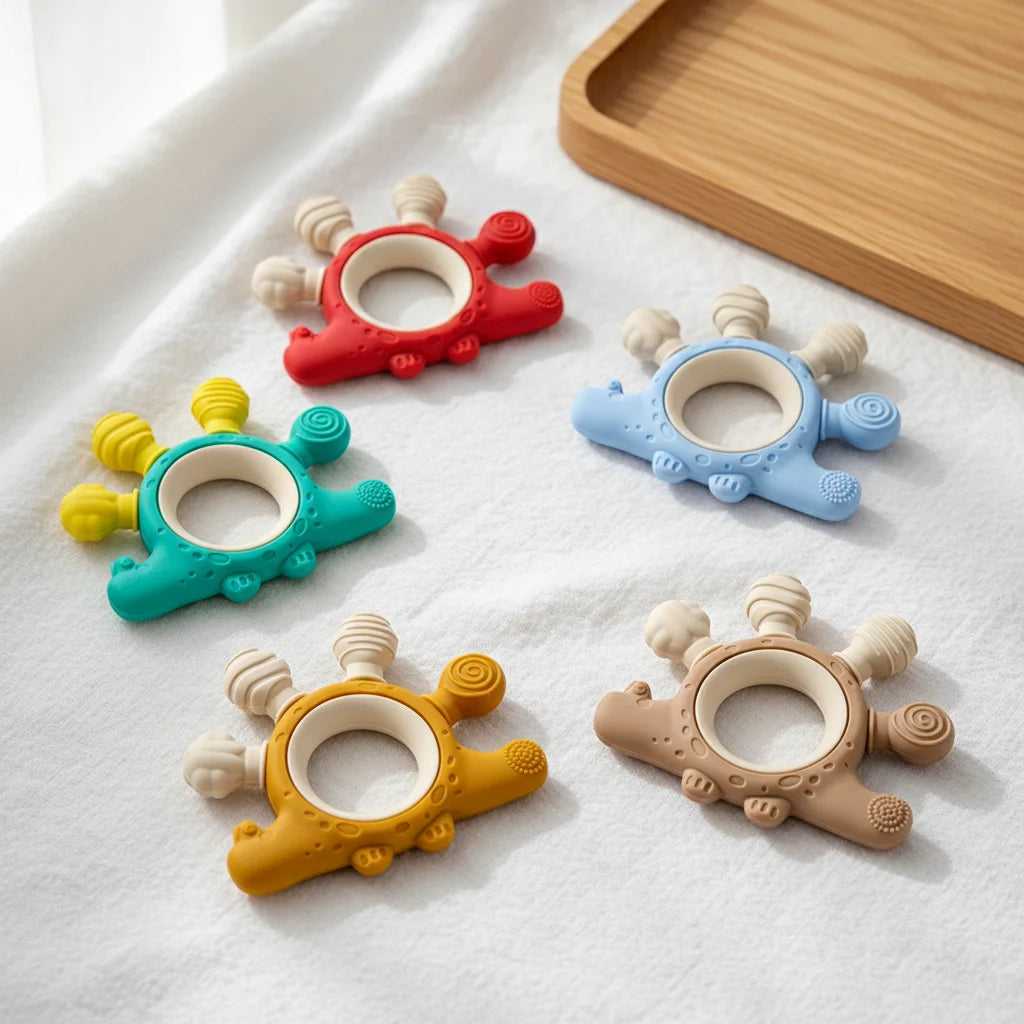 Five silicone baby teething rings in different colors (red, teal, light blue, mustard yellow, and tan) with textured spiral and wavy details, arranged on a white fabric surface next to a wooden tray.